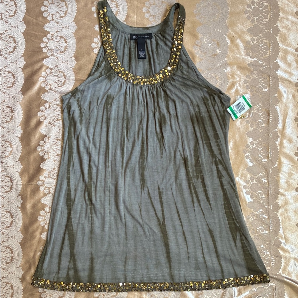 INC International Concepts Olive Tank with Gold Accents
